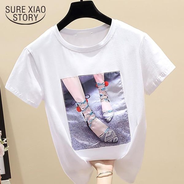 

women's t-shirt white short sleeve o-neck 2021 summer loose tees women printed applique beads fashion ladies clothing 8642 50