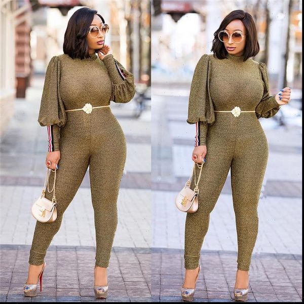 

gold glitter bodycon jumpsuit romper women autumn winter high neck lantern long sleeve one piece sparkly party jumpsuit catsuit, Black;white