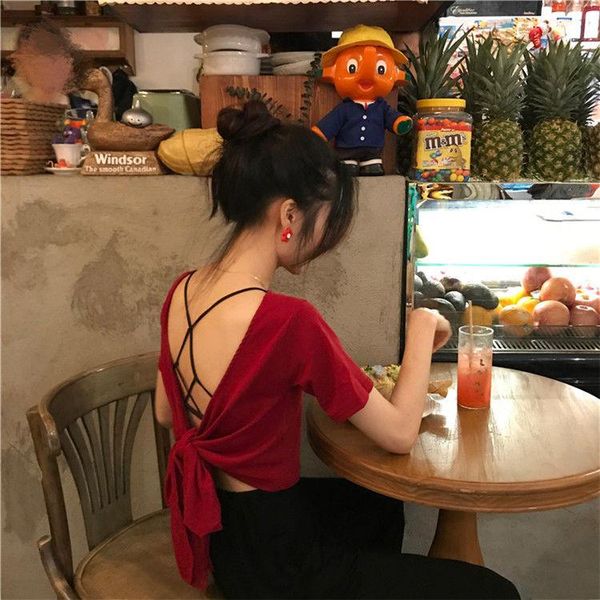 

women's t-shirt spring 2021 ins super hong kong style backless bandage slim short sleeve wear, White