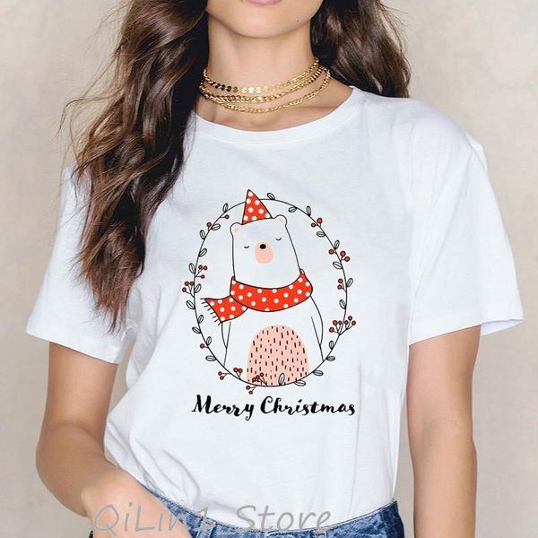 

funny t shirts women christmas t-shirts xmas tshirts kawaii santa claus t shirt cat bear print party tshirt drop shipping, White