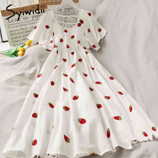 

boho strawberry embroidery midi dresses women flying sleeve square collar elastic bust summer white vintage dress 210607, Black;gray