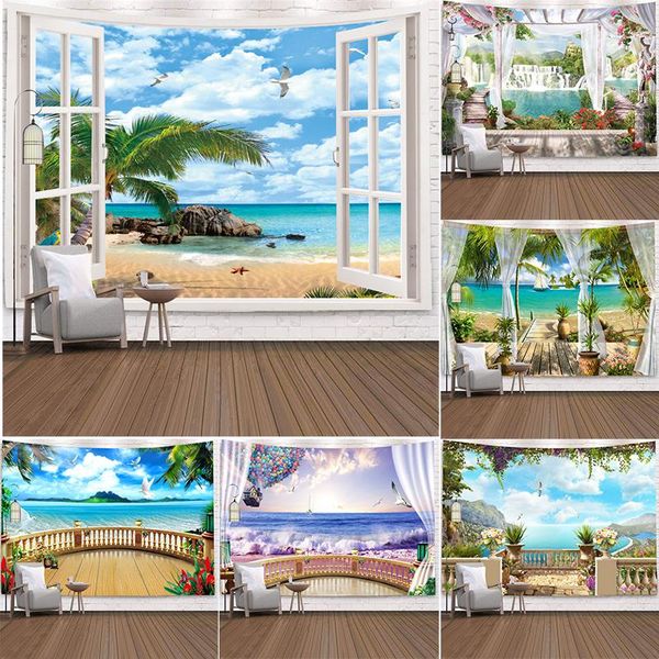 

tapestries beach coconut tree outside the window tapestry hippie wall hanging mandala cloth art room decor 95x73cm