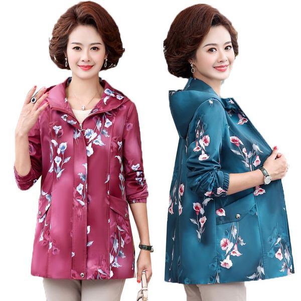 

women's trench coats middle-aged and elderly coat 2021 spring autumn mid-long hooded printing casual large size outwear 5xl k112, Tan;black