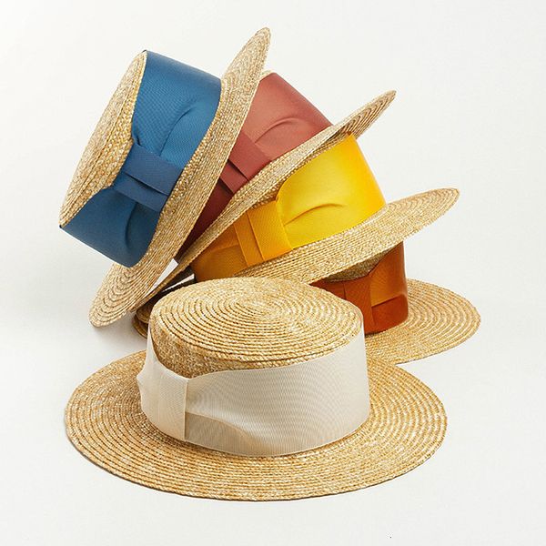 

2021 new classical ladies summer ribbon bowknot straw flat sun for women fedoras boater kuntucky derby beach hat 0xzw, Blue;gray