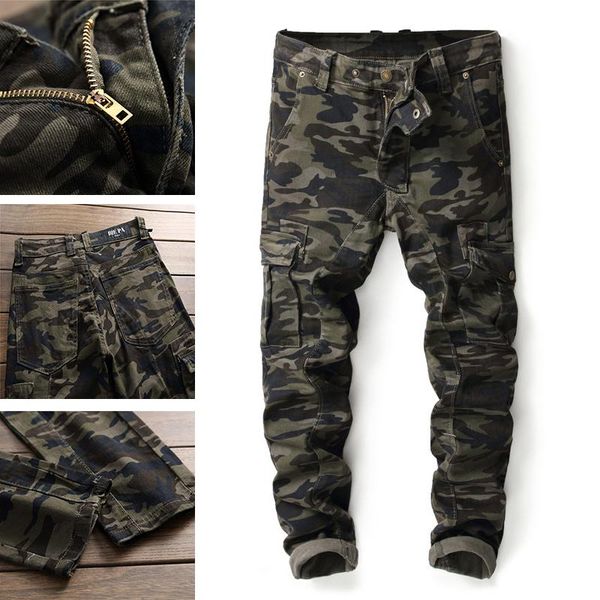 

men jeans four seasons pants new fashion brand korean army style jeans men pockets multi zipper camouflage stitching, Blue