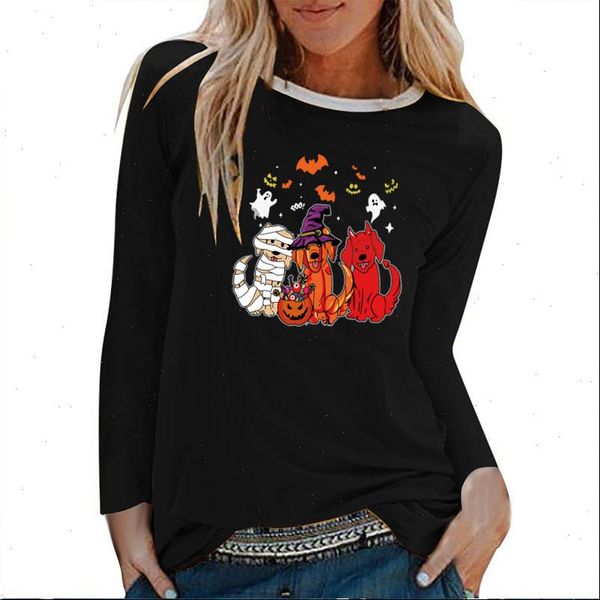 

dogs pumpkin bats printing halloween long sleeve t shirts women autumn winter aesthetic clothes fashion graphic tee harajuku top, White