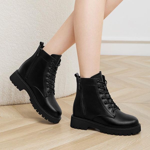 

boots genuine leather women autumn 2021 double zipper women's ankle platform thick heel motorcycle, Black
