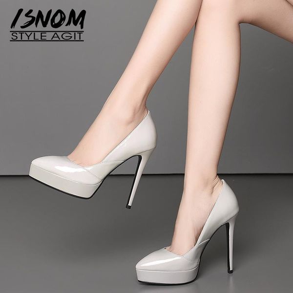 

dress shoes isnom thin high heels pumps women pointed toe footwear shallow female patent leather platform woman spring 2021, Black