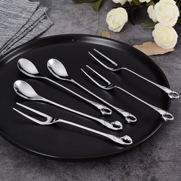

forks 1pc tea coffee mixing spoon fruit fork dessert stainless steel swan handle teaspoons drink tableware utensils set