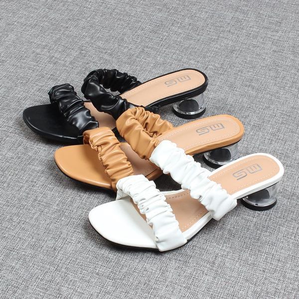 

slippers shoes low transparent med slides slipers women fashion 2021 luxury summer hoof heels rome rubber bonded leather pu, Black