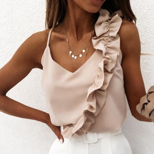 

laamei women summer blouse shirts v neck ruffle blouses backless spaghetti strap office ladies sleeveless casual, White