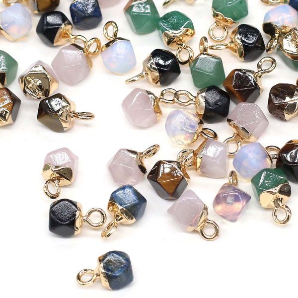 

faceted 6mm polygon shape natural stone charms healing rose quartz crystal turquoises jades opal stones pendant for jewelry making necklace, Bronze;silver