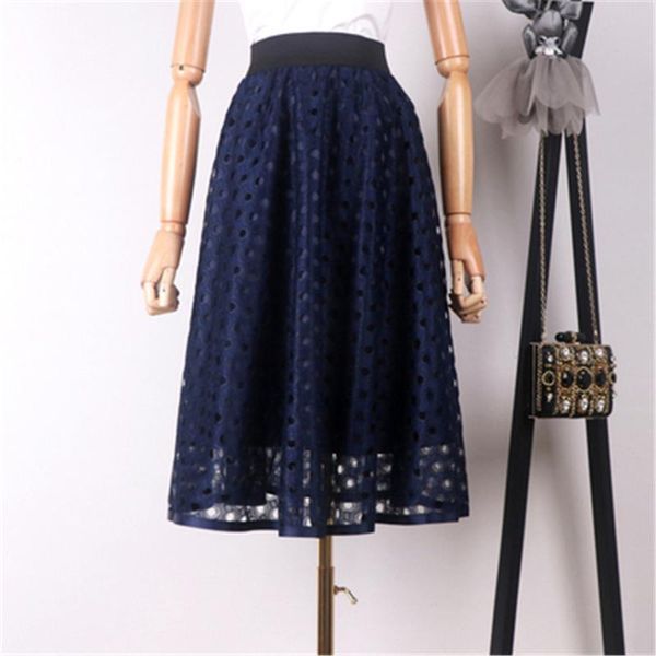 

skirts hollow out korea high waist women mesh skirt lace stiching midi party tutu long a line tulle femme zy4916, Black