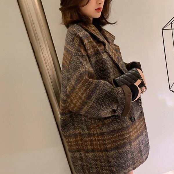 

women's wool & blends women vintage woolen loose plaid coat winter korean overcoats female double breasted turn-down collar overcoat st, Black