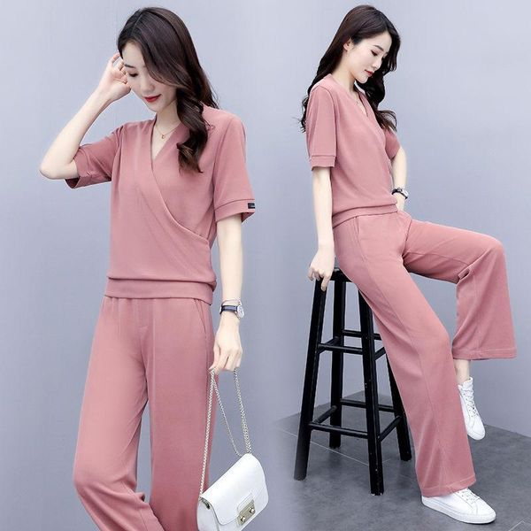 

sports two piece set summer ladies short sleeve v-neck new korean loose womens 2 piece outfit set pink blue black clothes, Gray