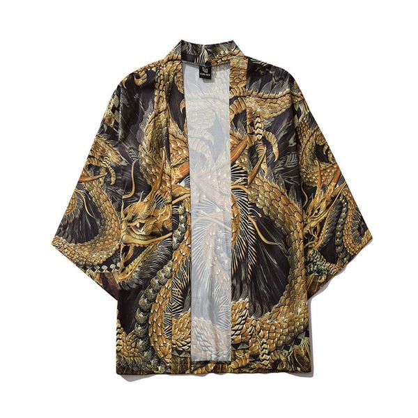 

dragon printed shirt men japanese kimono shirt men cardigan harajuku streetwear hip hop vintage camisa, White;black