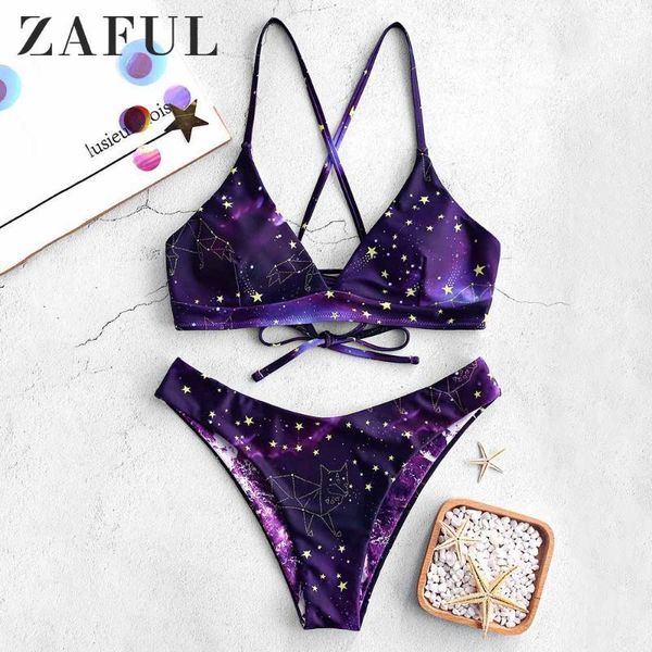 

women's swimwear zaful bikini galaxy print lace-up reversible set spaghetti straps criss-cross swim suit wire padded 2021, White;black