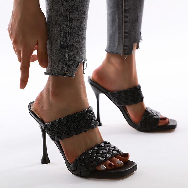 

2021 new leather braided high sandals women runway party cross wove folds mules shoes thin heel slippers woman acjb, Black