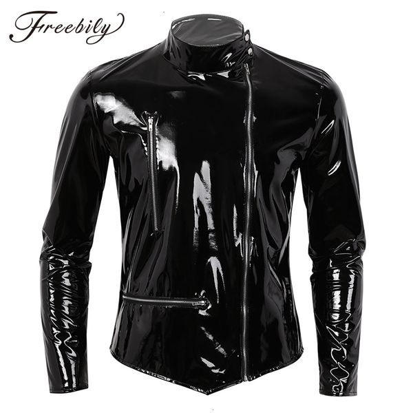 

fashion mens man wet look patent leather stand collar long sleeves front zippered clubwear motorcycle jacket biker coat, Black;brown