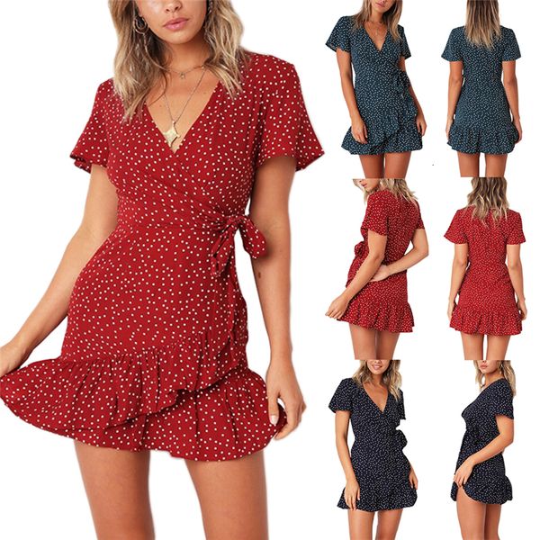 

2021 new v-neck short sleeve pleated lace print dot summer women vestido de festa robe femme party plus ay39, Black;gray