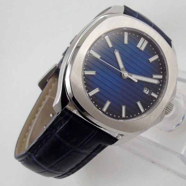 

wristwatches 40mm blue dial sapphire glass date square luminous miyota 8215 movement automatic mens watch, Slivery;brown
