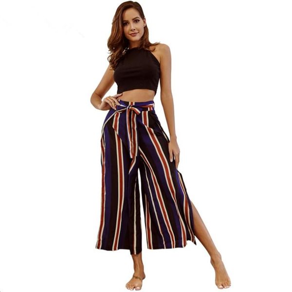 

women's pants & capris yx-8043 casual high waist wide leg women summer beach split trousers striped lady chic streetwear sash femail, Black;white