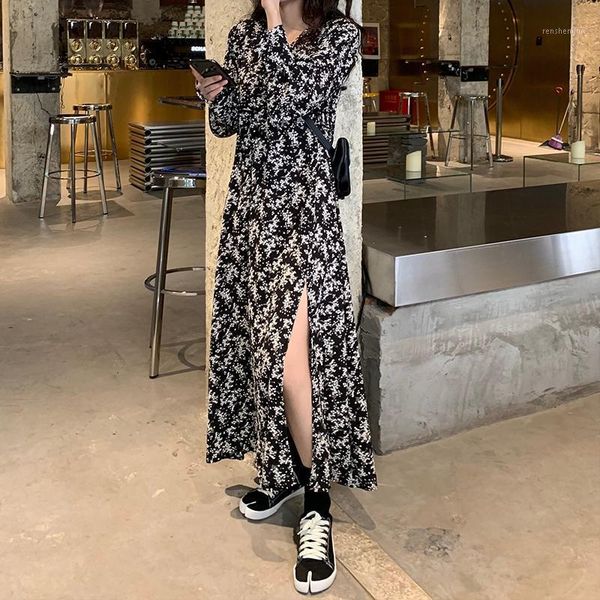 

casual dresses women print dress loose long sleeve a-line vintage elegant vestidos de fiesta, Black;gray