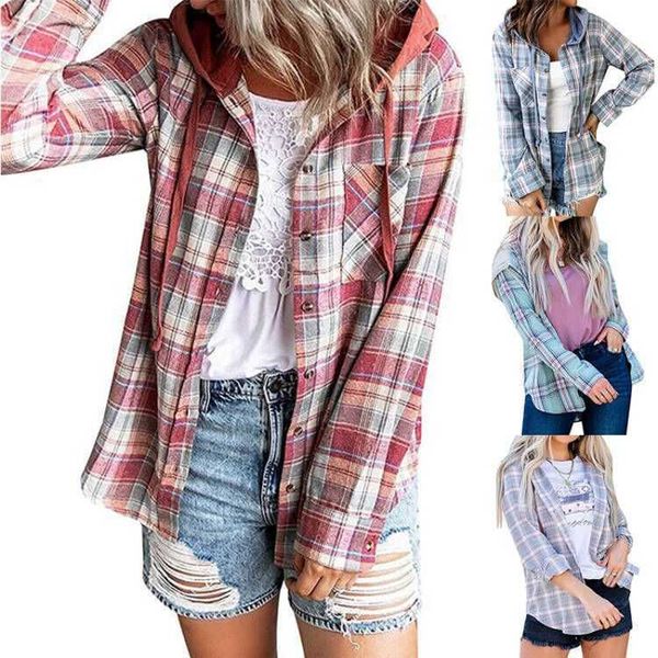 

shirt women's 2021 autumn winter plaid hoodie single row button casual shirt, White