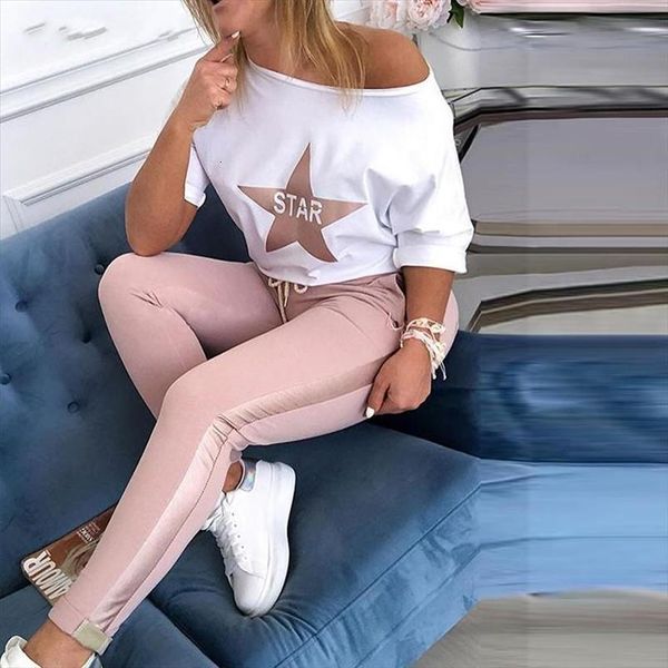 

two piece set star womenpant print off shoulder long sleeve pencil jogger sweatpants tracksuit matching outfit streetwear, White