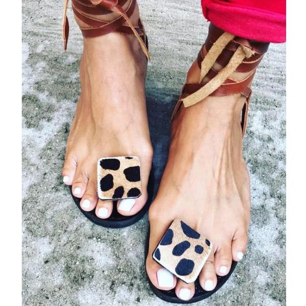 

summer women's strap sandals flats open toe leopard flat shoes ankle strap leopard square buckle super large size 35-43, Black