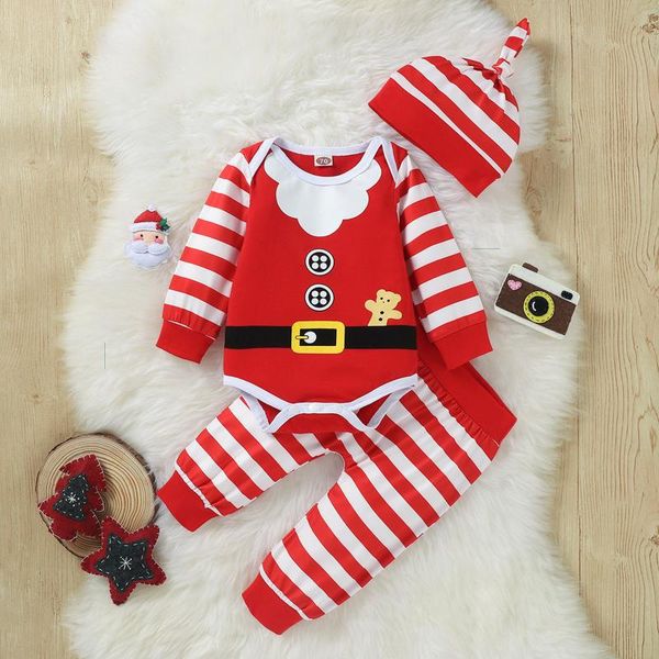 

clothing sets infant baby boys girls christmas xmas santa long sleeve bodysuit+striped pants hat outfits born clothes, White