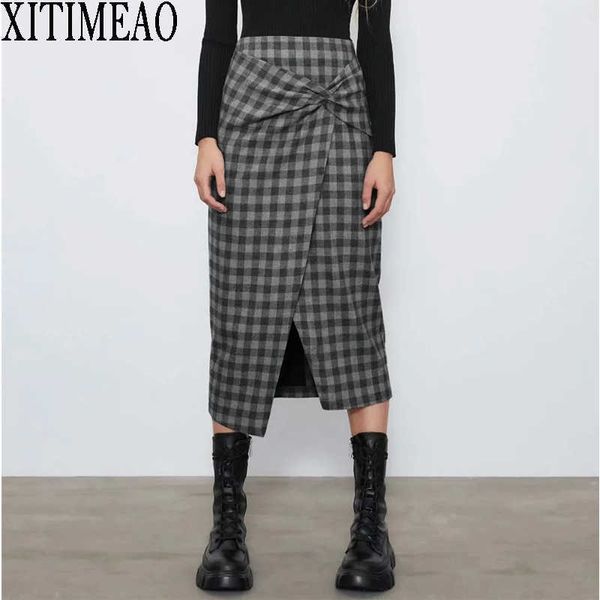 Za outono inverno vintage saia xadrez mulheres de cintura alta pacote hip hipskirt dobra dianteira saias divididas 210602