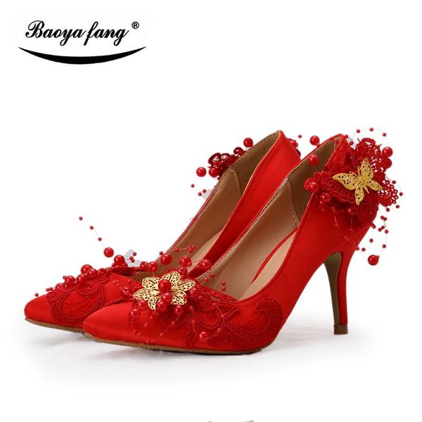 

dress shoes baoyafang red flower bowtie womens wedding bride bridesmaid woman pointed toe 8cm low heel pumps, Black