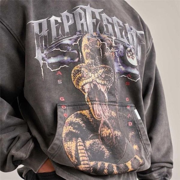 

men's hoodies & sweatshirts represent as good dead hoodie men women 1:1 python print vintage grey pullovers sweatshirt, Black