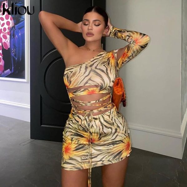 

kliou lace up floral print mini dresses women bandage one shoulder skinny bodycon clubwear female fashion outfits 2021 hot, Black;gray
