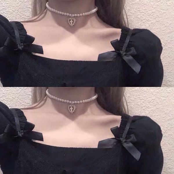 Punk Gothic Harajuku Pearl Chain Poorlow в форме сердца кулон ретро жемчужное крест колье ожерелье мода ювелирные изделия для женщин девушек