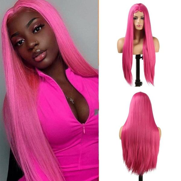 

synthetic wigs rongduoyi pink hair wig full machine made for women high temperature fiber silky straight with baby, Black
