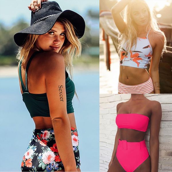 

high waist bikini womens swimsuit women set mujer ruffle floral printed push up biquinis brazilian swimwear summer, White;black