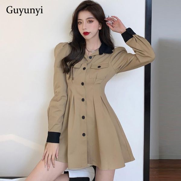 

casual dresses high street dress 2021 autumn khaki simple square neck puff sleeve single breasted waist a-line shirt women, Black;gray