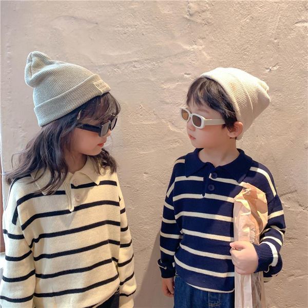 

pullover korean style autumn siblings turn-down collar striped sweaters boys and girls loose casual knitted pullovers, Blue