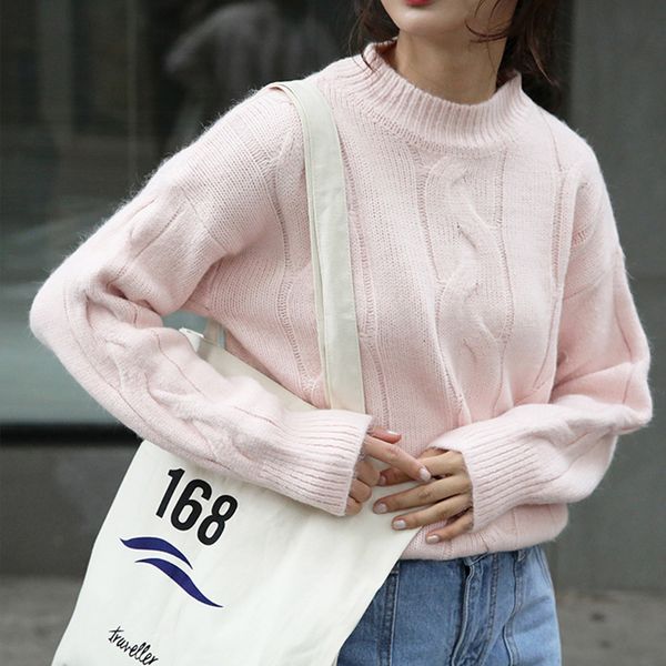 

2021 new spring women knitted o-neck sweater casual female solid color loose fit pullovers ladies knitwear pink 40fg, White;black