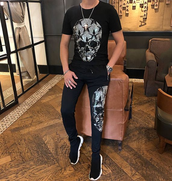 

2021 new fashion two piece pant tracksuit slim fit outfits men set 9fou, Black