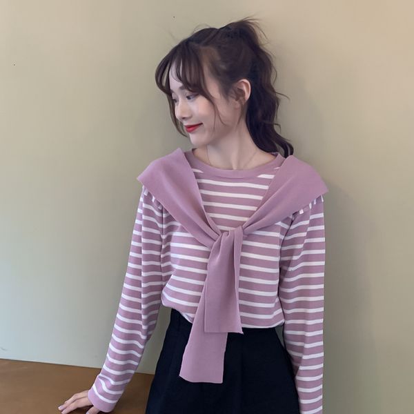 

2021 women spring autumn fake two piece o neck style retro navy wind shawl stripes knitted sweater 836e, White;black