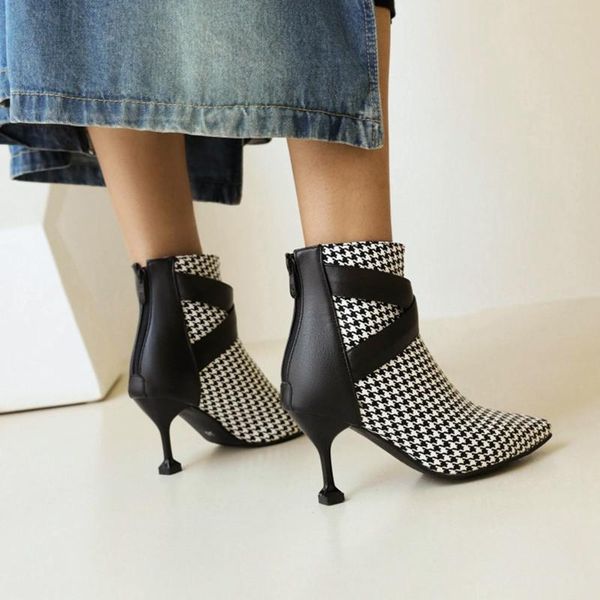 

boots big plus oversize 47 48 short women houndstooth plaid checkered booties woman leopard stiletto heels point toe winter shoe, Black