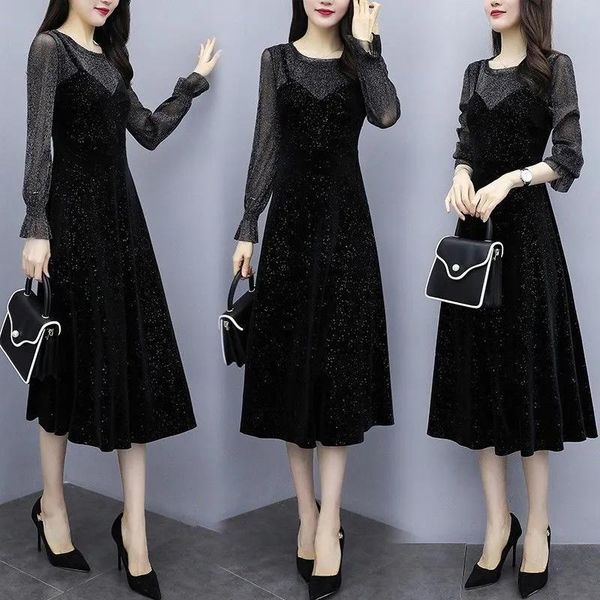 

casual dresses sequins spliced mesh elegant midi party dress women black velvet evening fake two pieces fashion a-line 2021, Black;gray