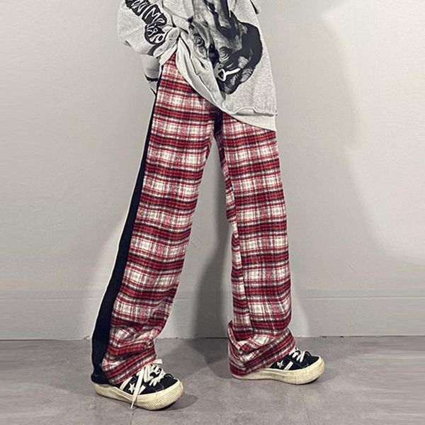 

men's pants color block high street plaid loose straight casual men and women wide leg waist checkered baggy trousers, Black