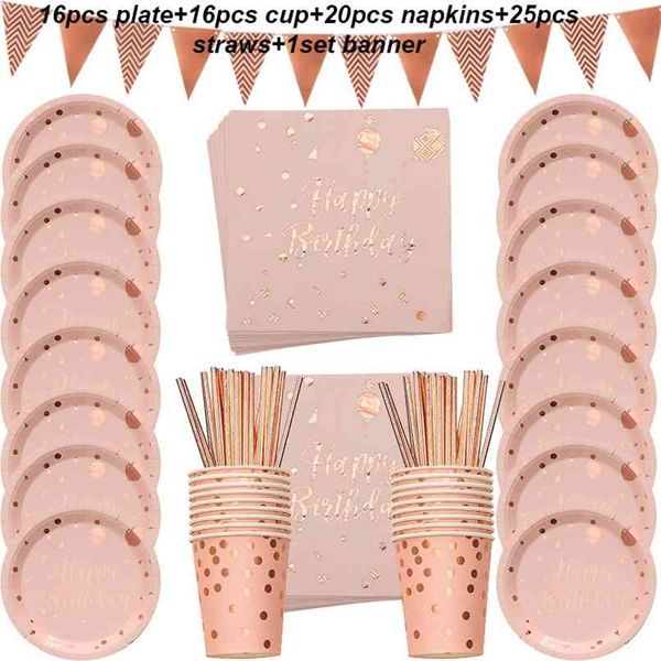 78 pz/set Rosa Lamina D'oro Dots Stoviglie Tovagliolo di Carta Piatto Tazza Set Usa E Getta Per Adulti Festa di Compleanno Decorazione di Nozze Stoviglie 210925