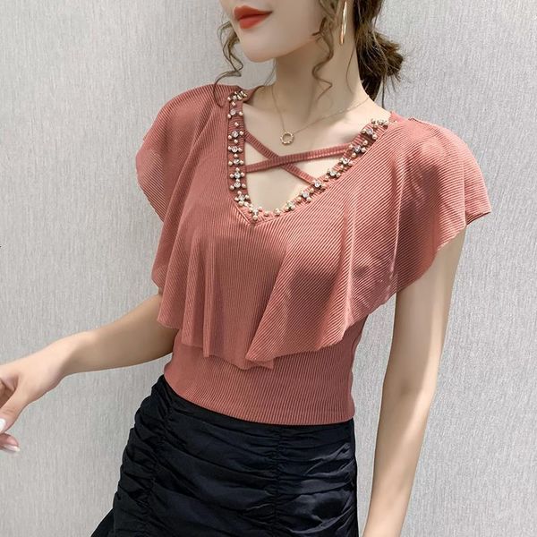 

summer european clothes t-shirt v-neck hollow out beading ruffles women ropa mujer vintage ruffle sleeve tees t06216, White
