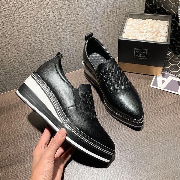

Womens genuine leather Braided slipon platform flats loafers leisure soft comfortable espadrilles pointed toe casual shoes hotDress Shoes, Black