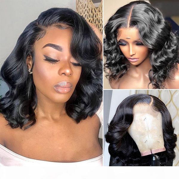 

body wave short bob wig lace front human hair 13x6x1 t type wig brazilian hair ocean wave wig wigs for black women, Black;brown